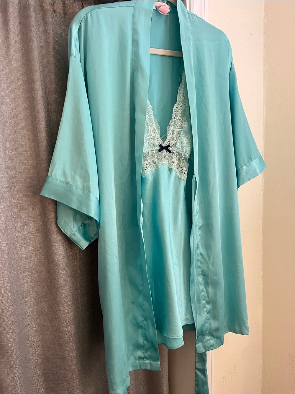 Victoria’s Secret Blue Satin Lace-Trim Robe and Chemise Set